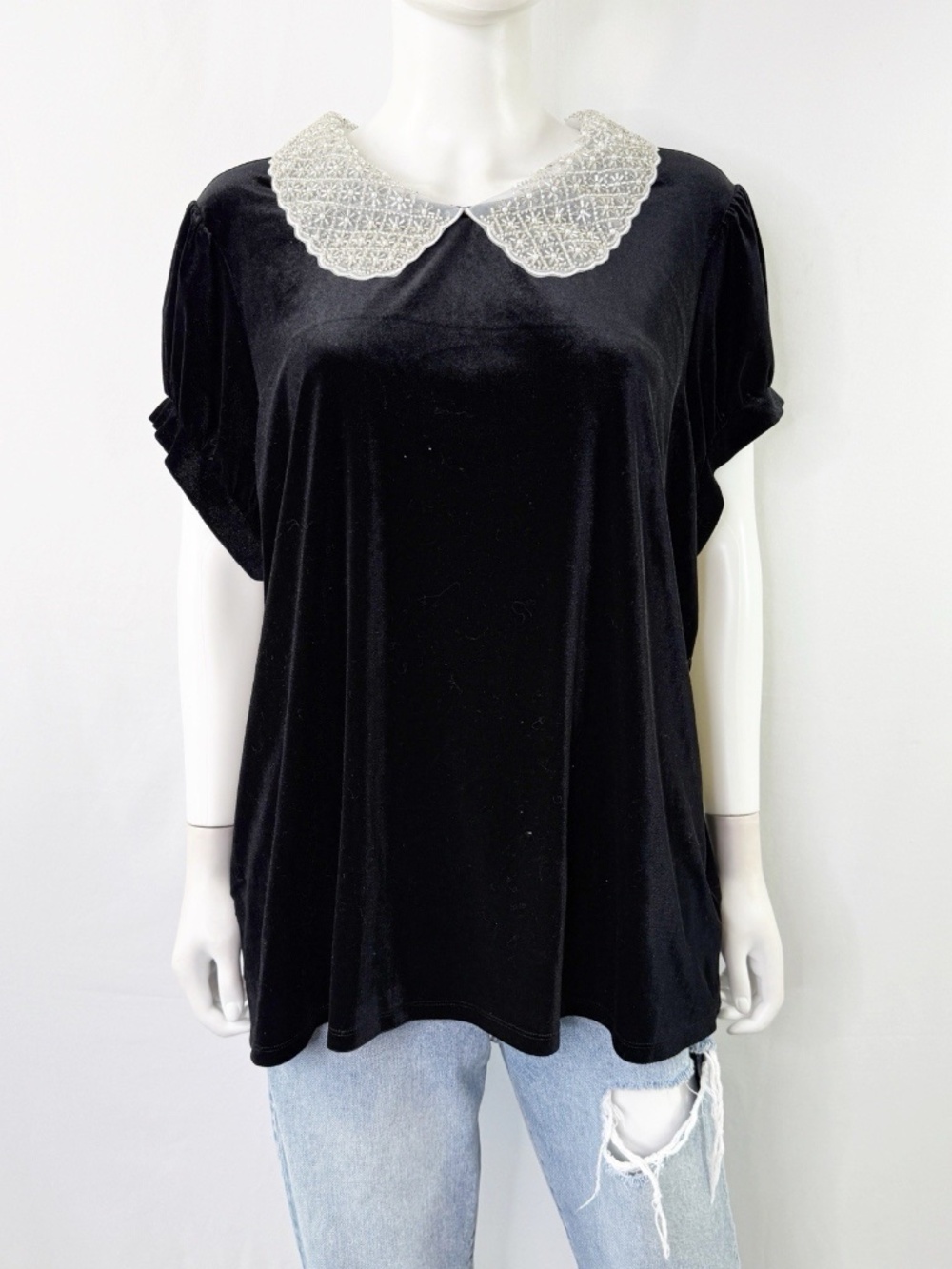 ModCloth Black Velvet Top Size 2XL Beaded Peter Pan Collar Short Sleeve Modest